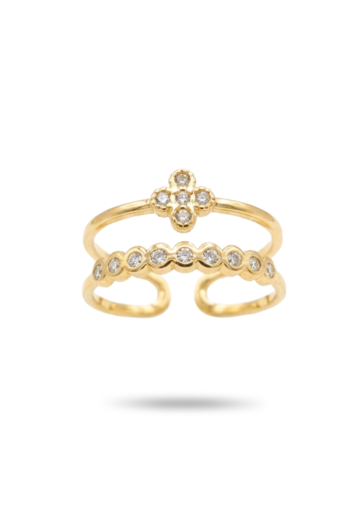 Bague Double Rang Trèfle Strass or