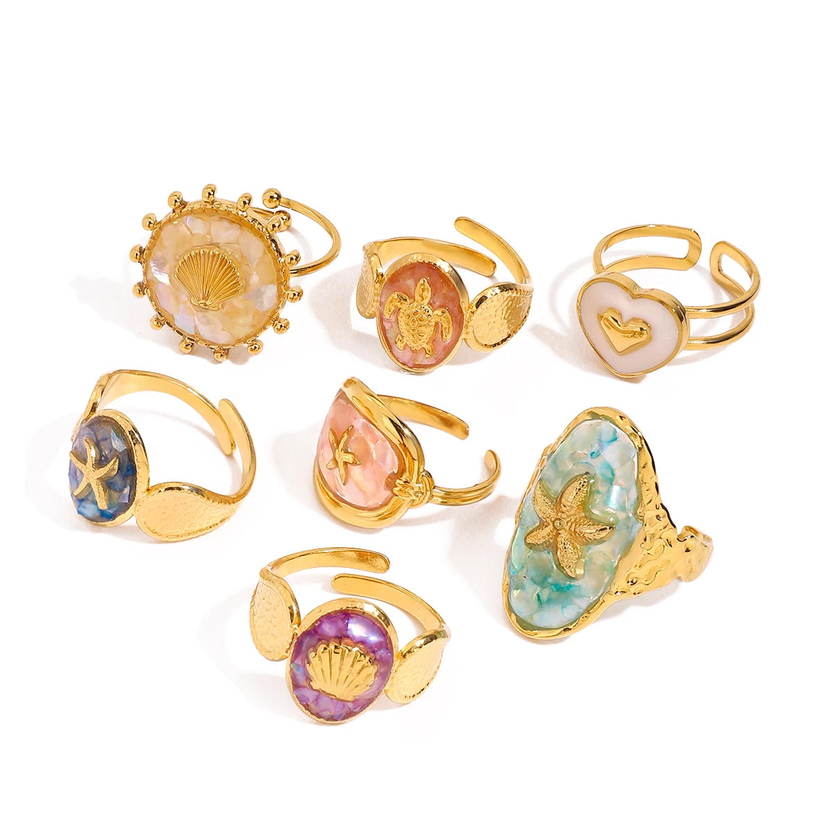 Youthway Shells Starfish Adjustable Open Ring Stainless Steel Finger Jewelry Waterproof Trendy Ring For Summer Ocean