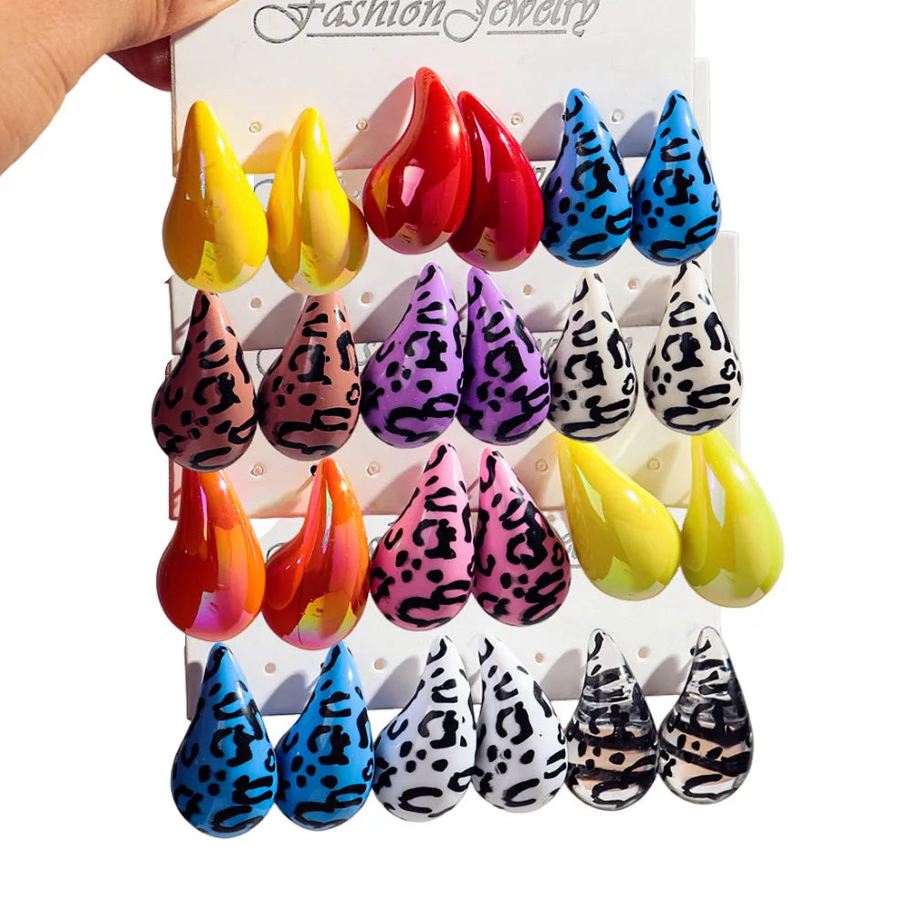 New Leopard Acrylic Chunky Waterdrop Earrings Dupes for Women Vintage 3Pair/Set Dome Drop Earring Lightweight Jewelry Gifts