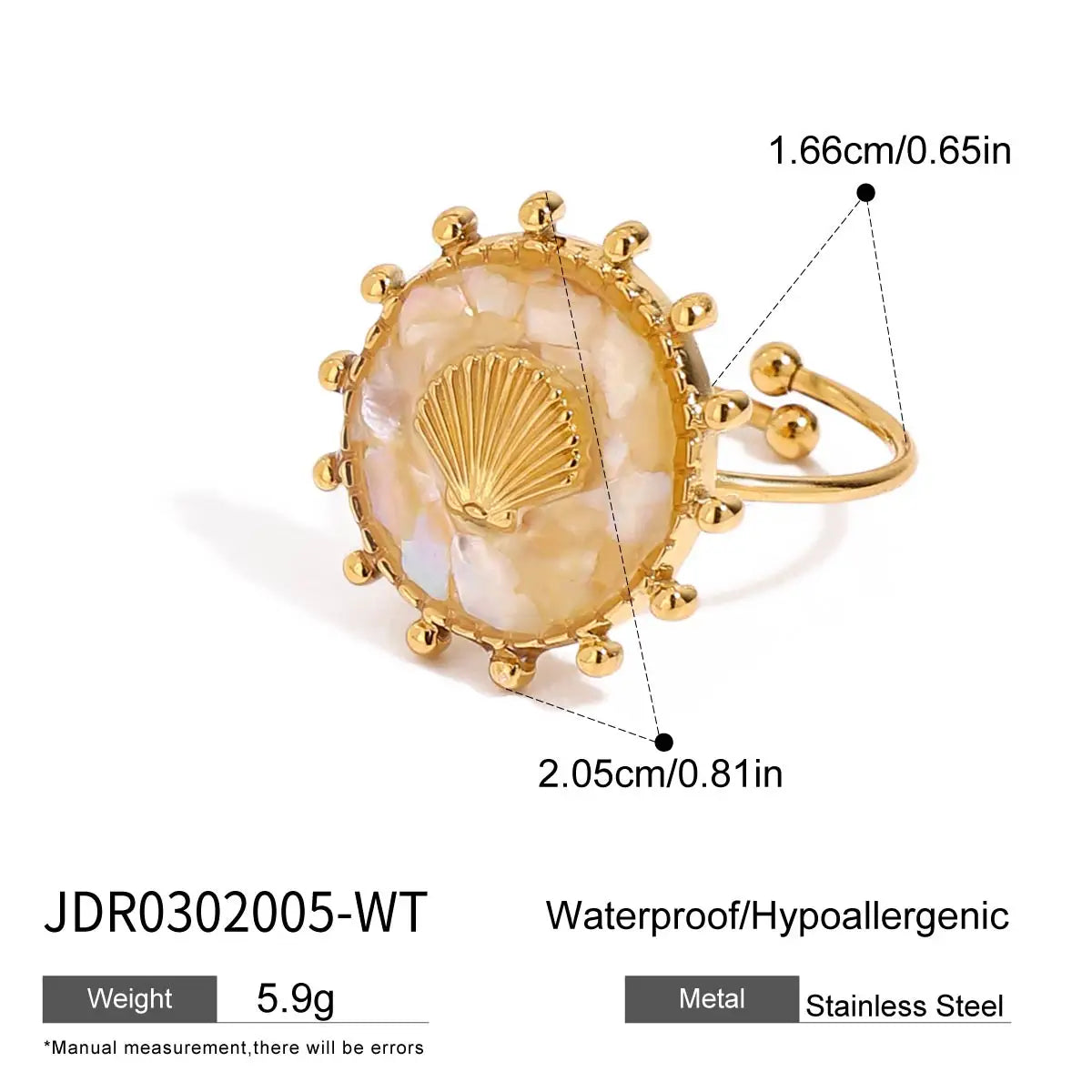 Youthway Shells Starfish Adjustable Open Ring Stainless Steel Finger Jewelry Waterproof Trendy Ring For Summer Ocean