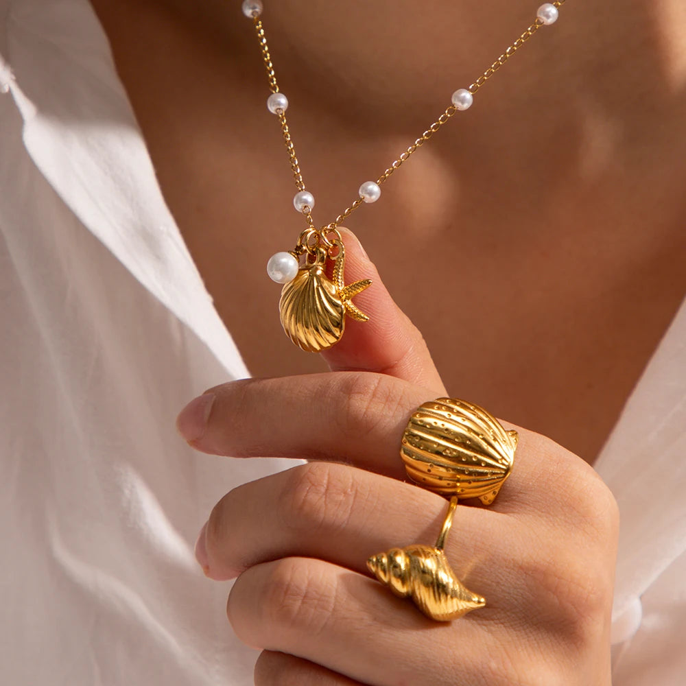 Uworld Stainless Steel Starfish Shell Texture Pendant Shell Bead Necklace Women Waterproof Jewelry Summer Holiday Gift free ship