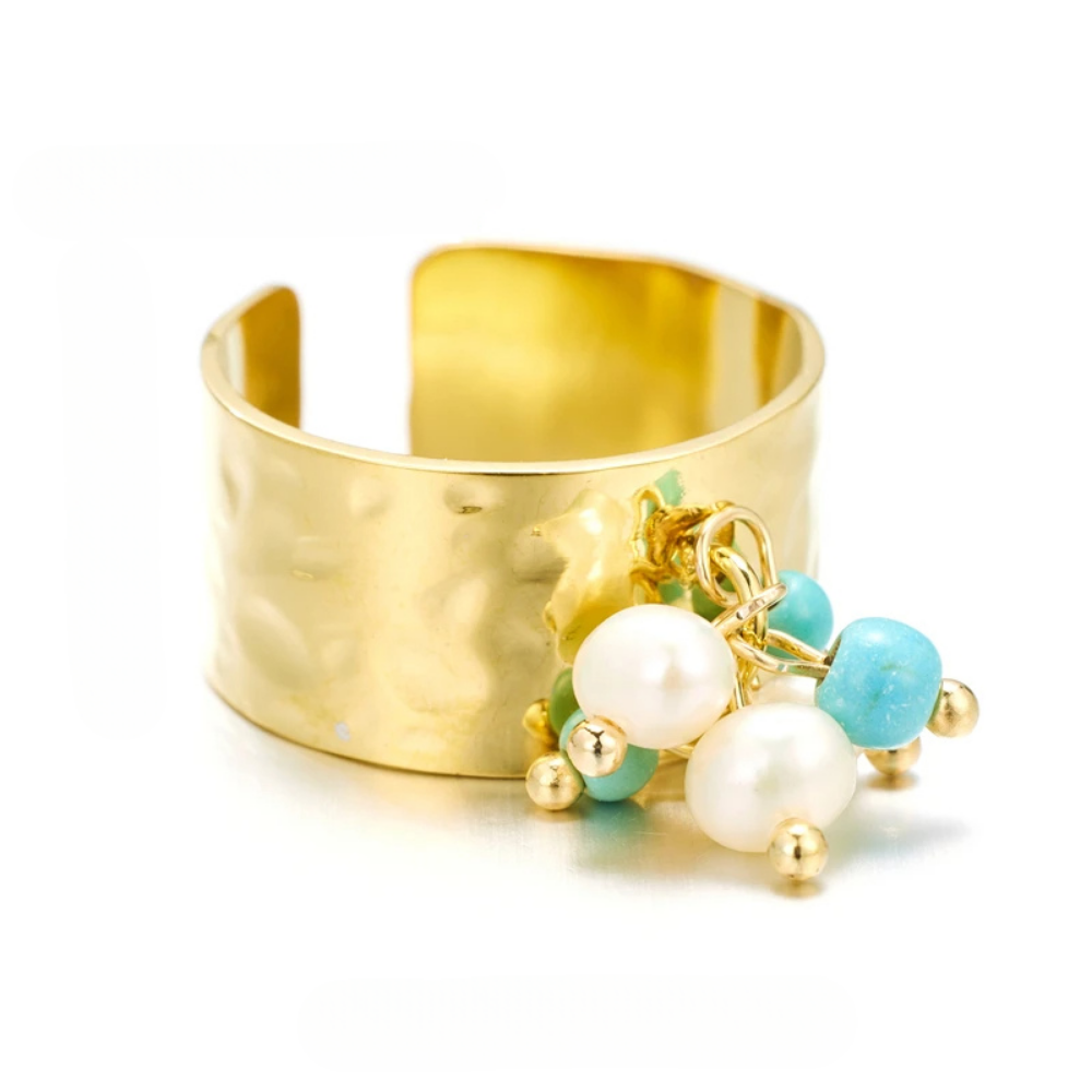 Bague Breloque Perles Blanche et Bleue