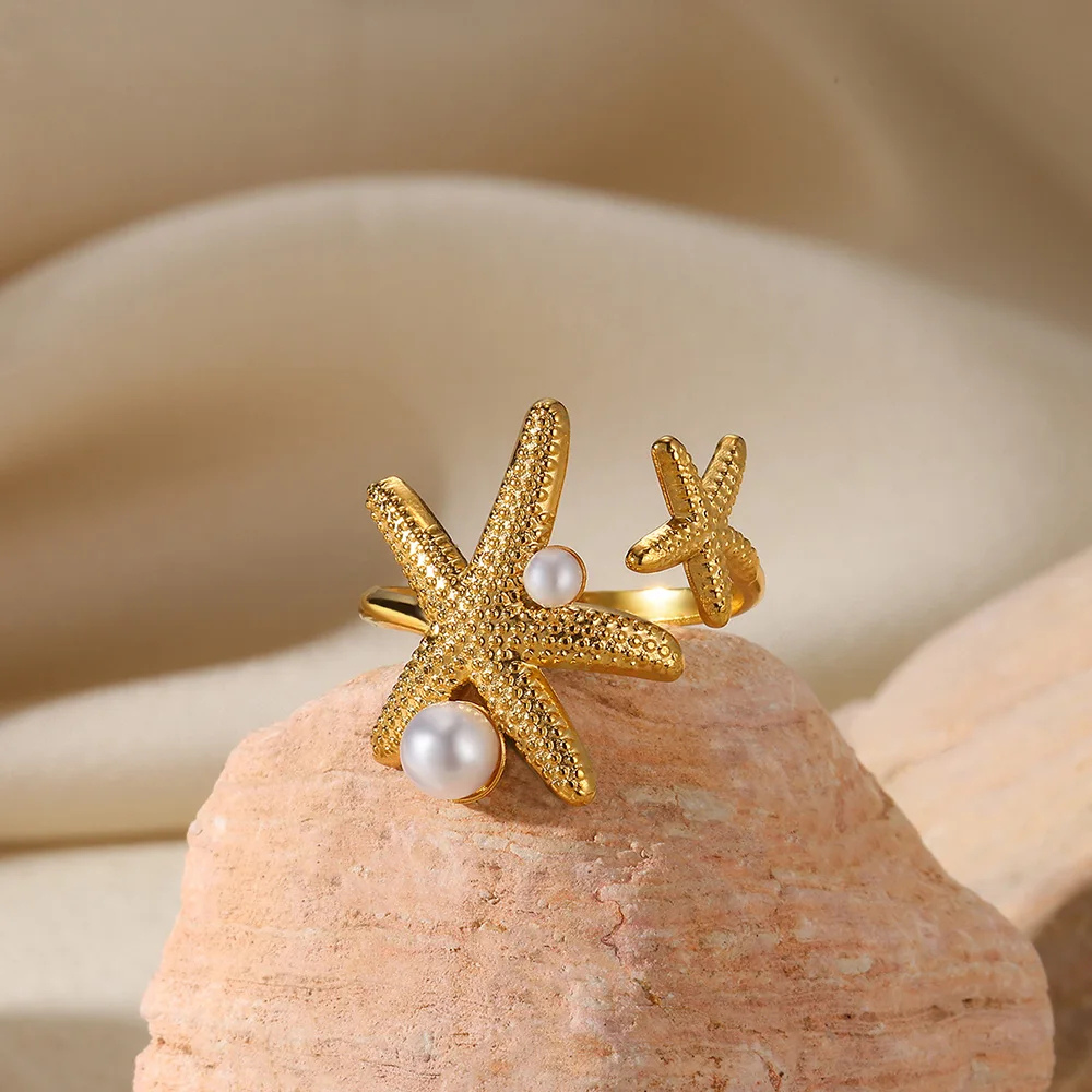 Bague Double Étoile de Mer Perle Blanche