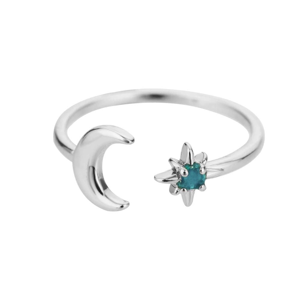 bague étoile polaire lune de couleur argent