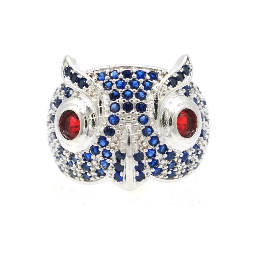 bague pour femme avec tête de hibou et pierres bleus