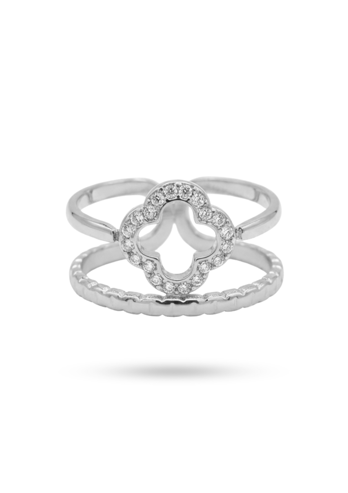 Bague Double Rang Trèfle Ajouré Strass argent