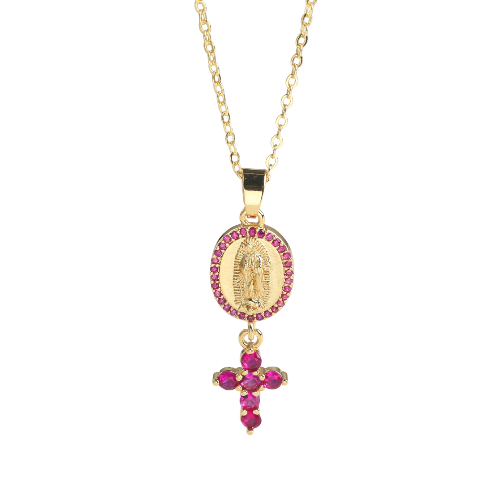 Collier Médaille Vierge et Croix Rose