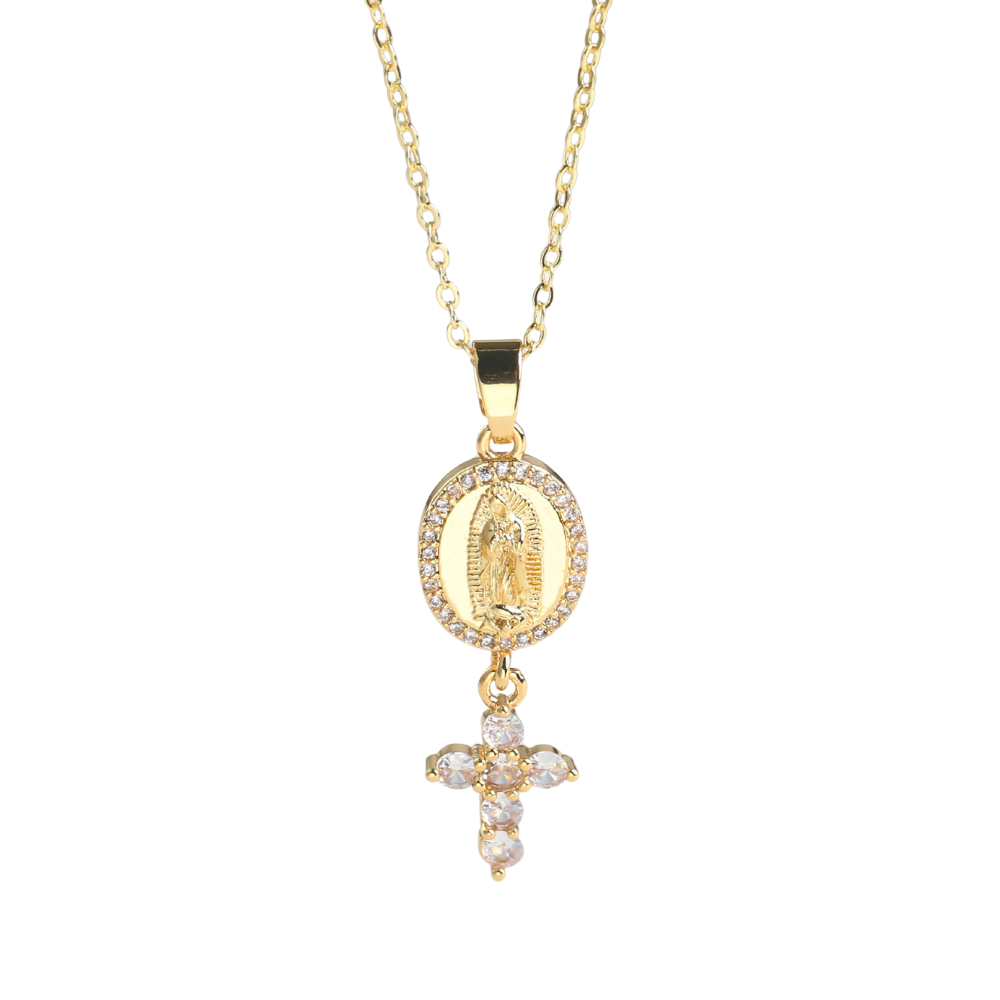 Collier Médaille Vierge et Croix Blanche