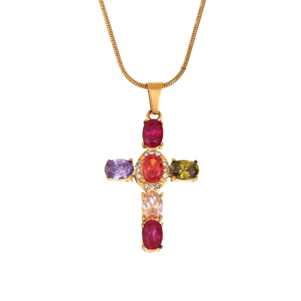 Collier Croix Pierres de Couleurs