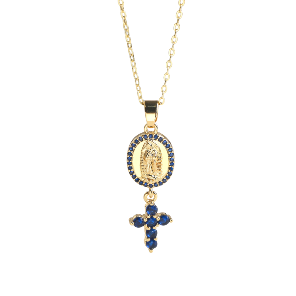 Collier Médaille Vierge et Croix Bleue