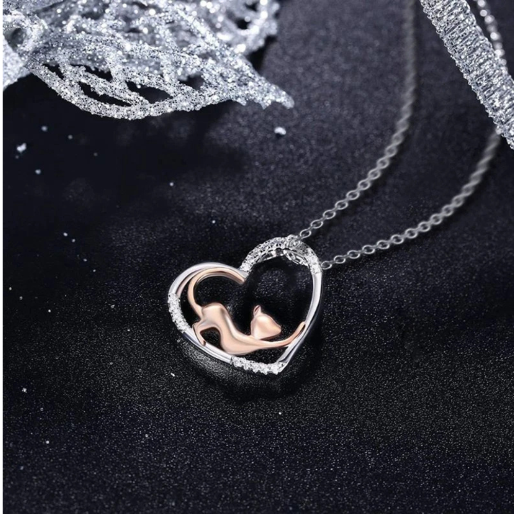 Collier Coeur et Chat Rose argent