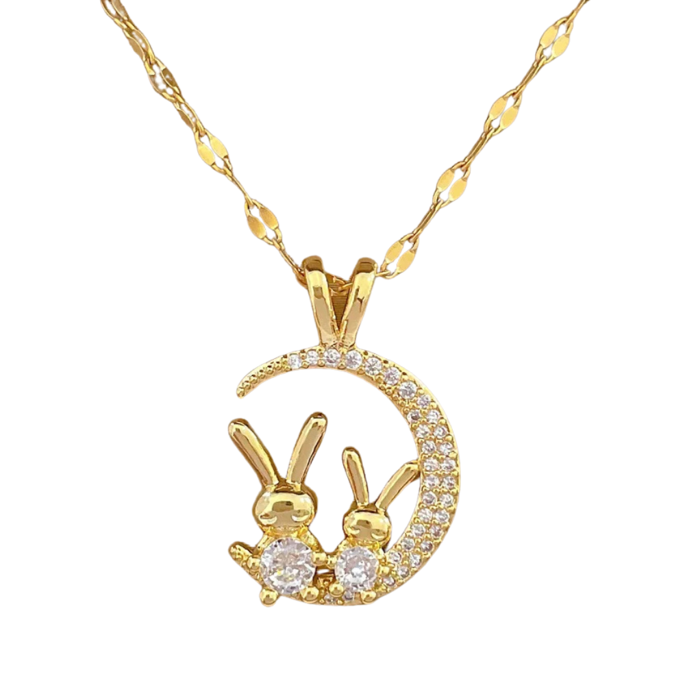Collier Lapins sur Lune et Strass