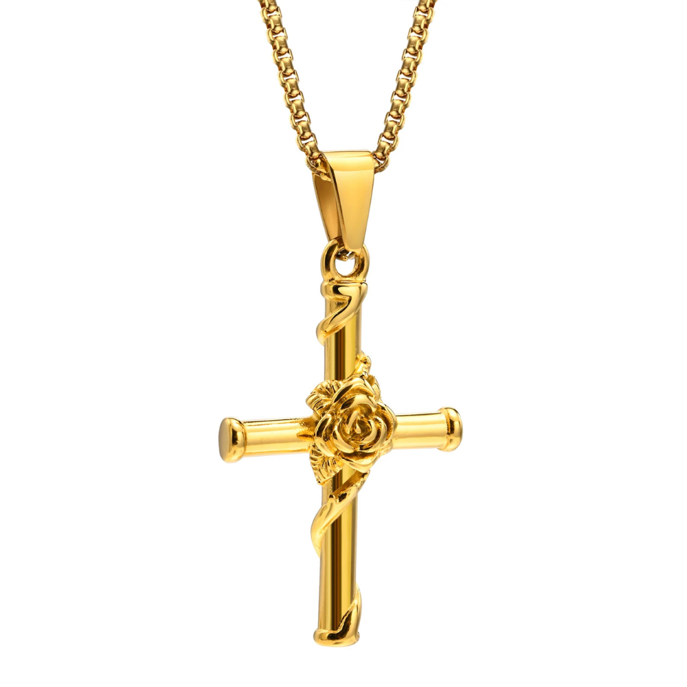 Collier Pendentif Croix et Rose Homme or