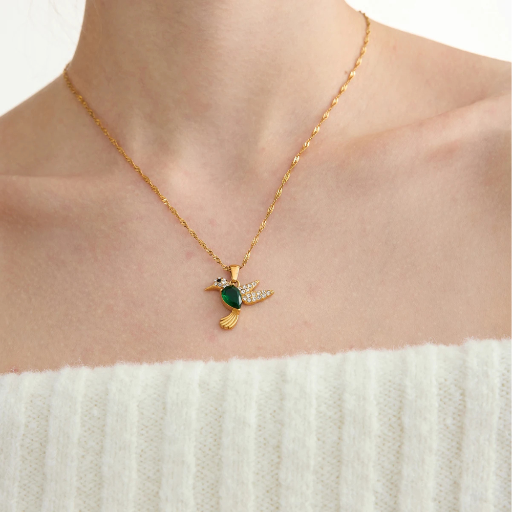 Collier Oiseau et Pierre Verte or