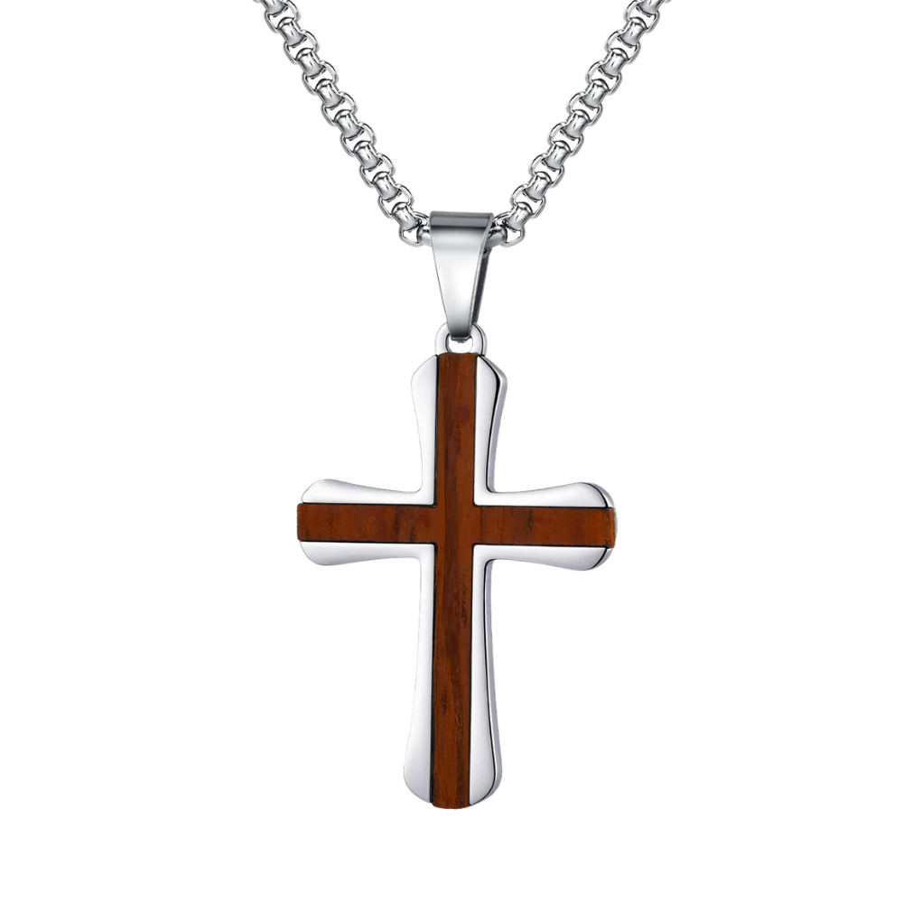 Collier Croix Acier et Bois Homme