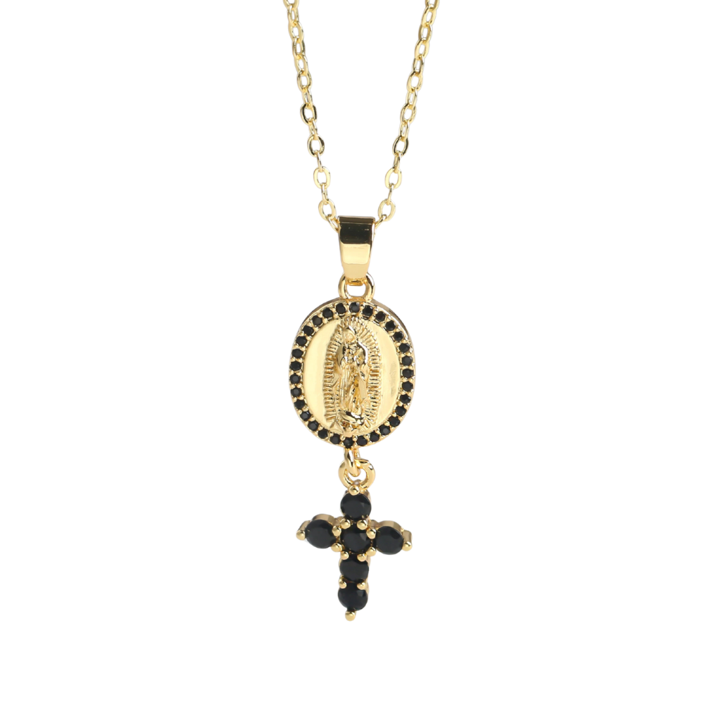 Collier Médaille Vierge et Croix Noire