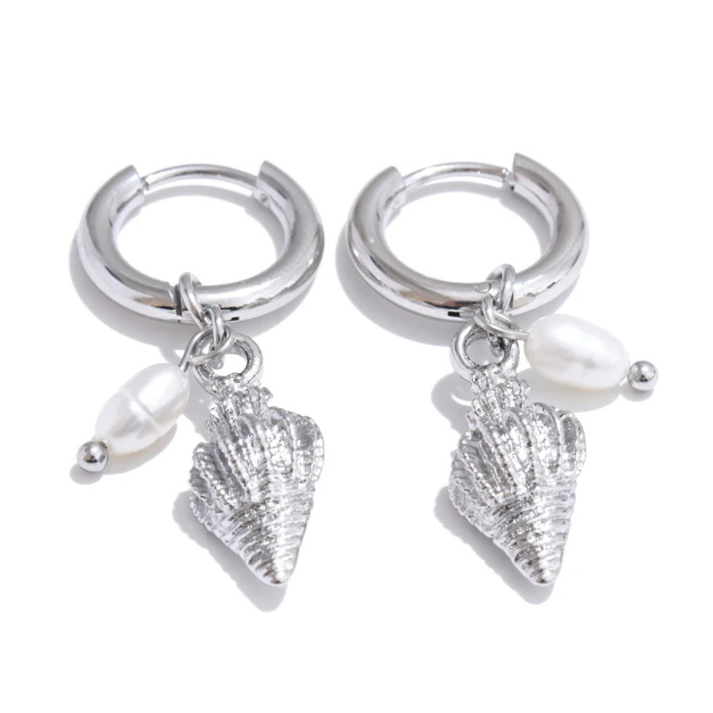 Boucles d'Oreilles Créoles Coquillage et Perle argent
