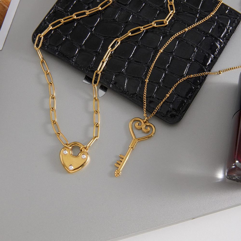 Double Collier Clé & Coeur Cadenas or