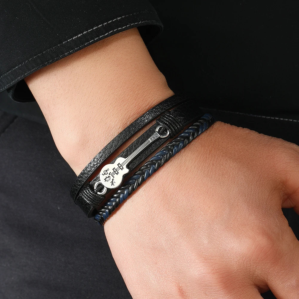 Bracelet Cuir Homme Guitare noir