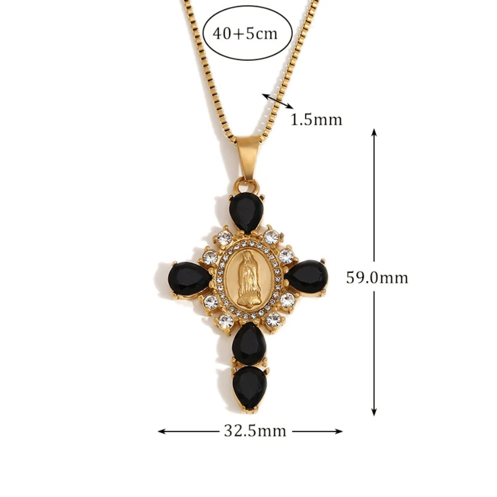 Collier Croix Pierres Noires femme