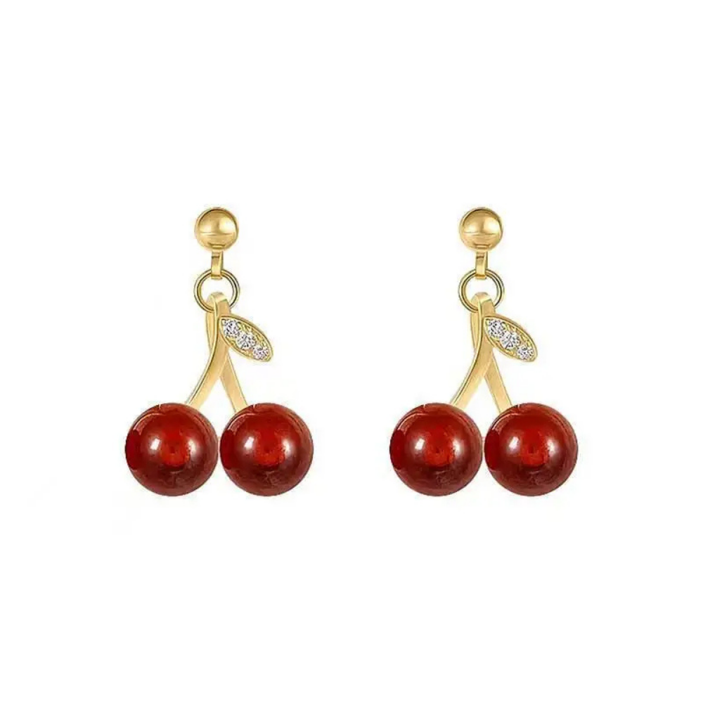 Boucles d'Oreilles Cerise Rouge et Or