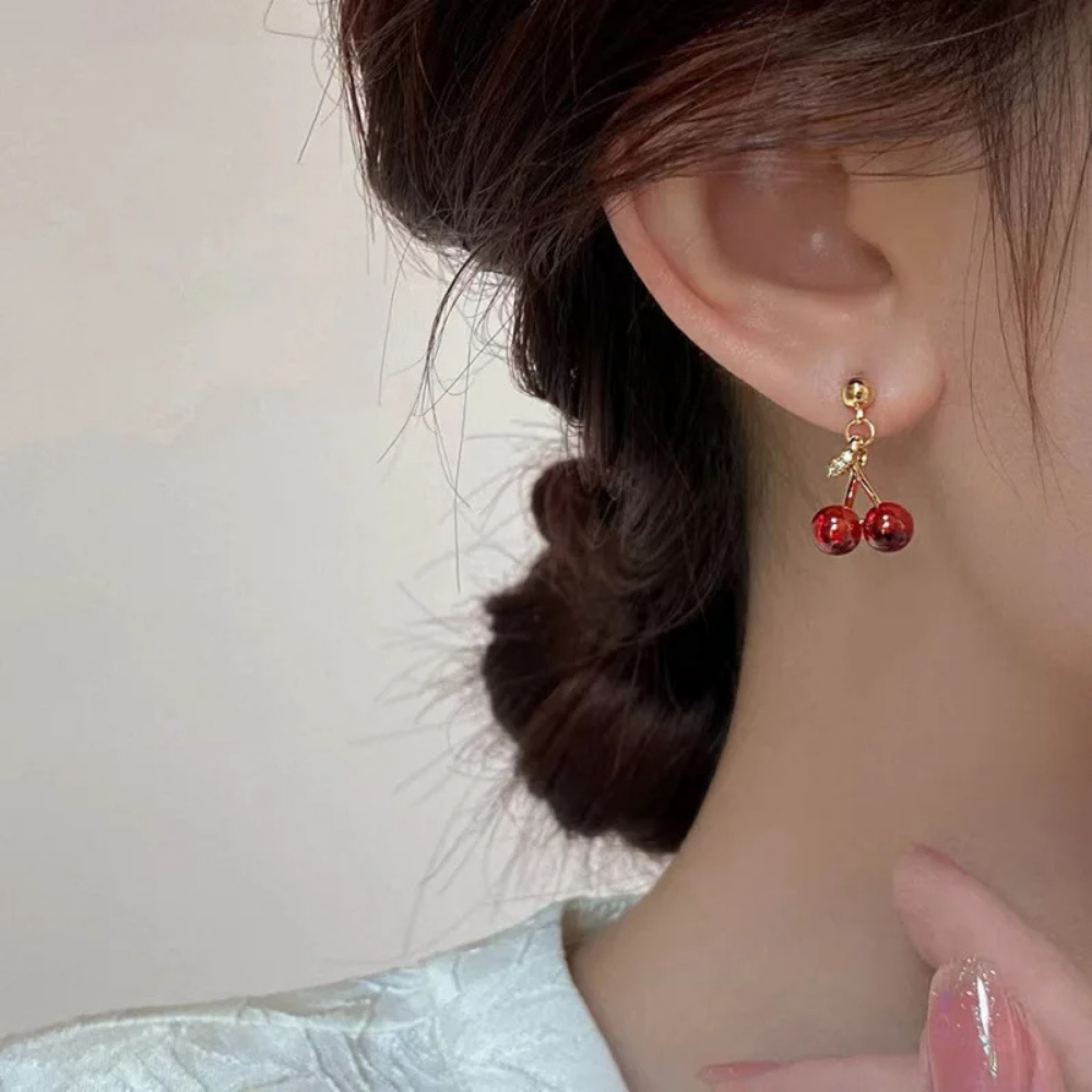 Boucles d'Oreilles Cerise Rouge et Or