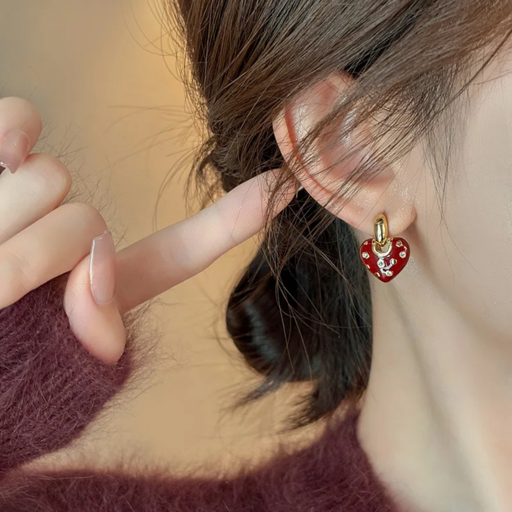 Boucles d'Oreilles Cœur Rouge Strass