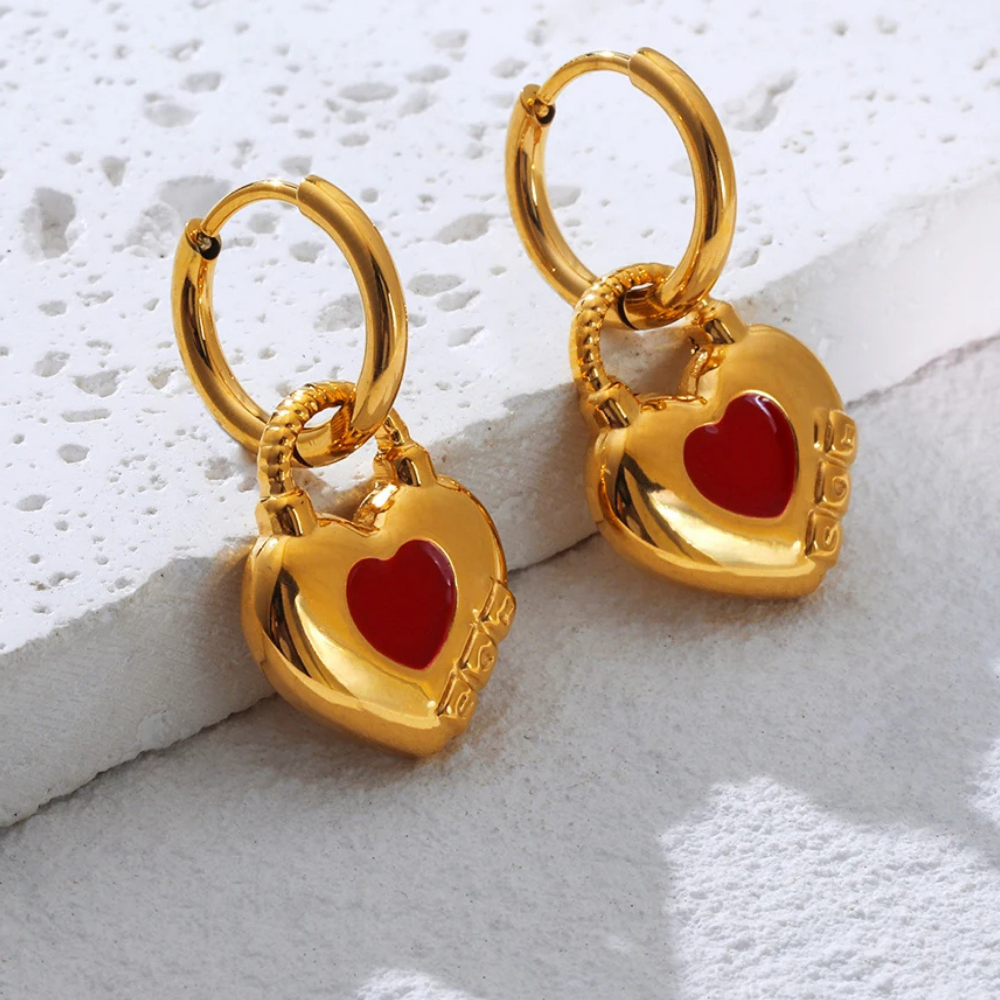 Boucles d'Oreilles Cadenas Cœur Rouge