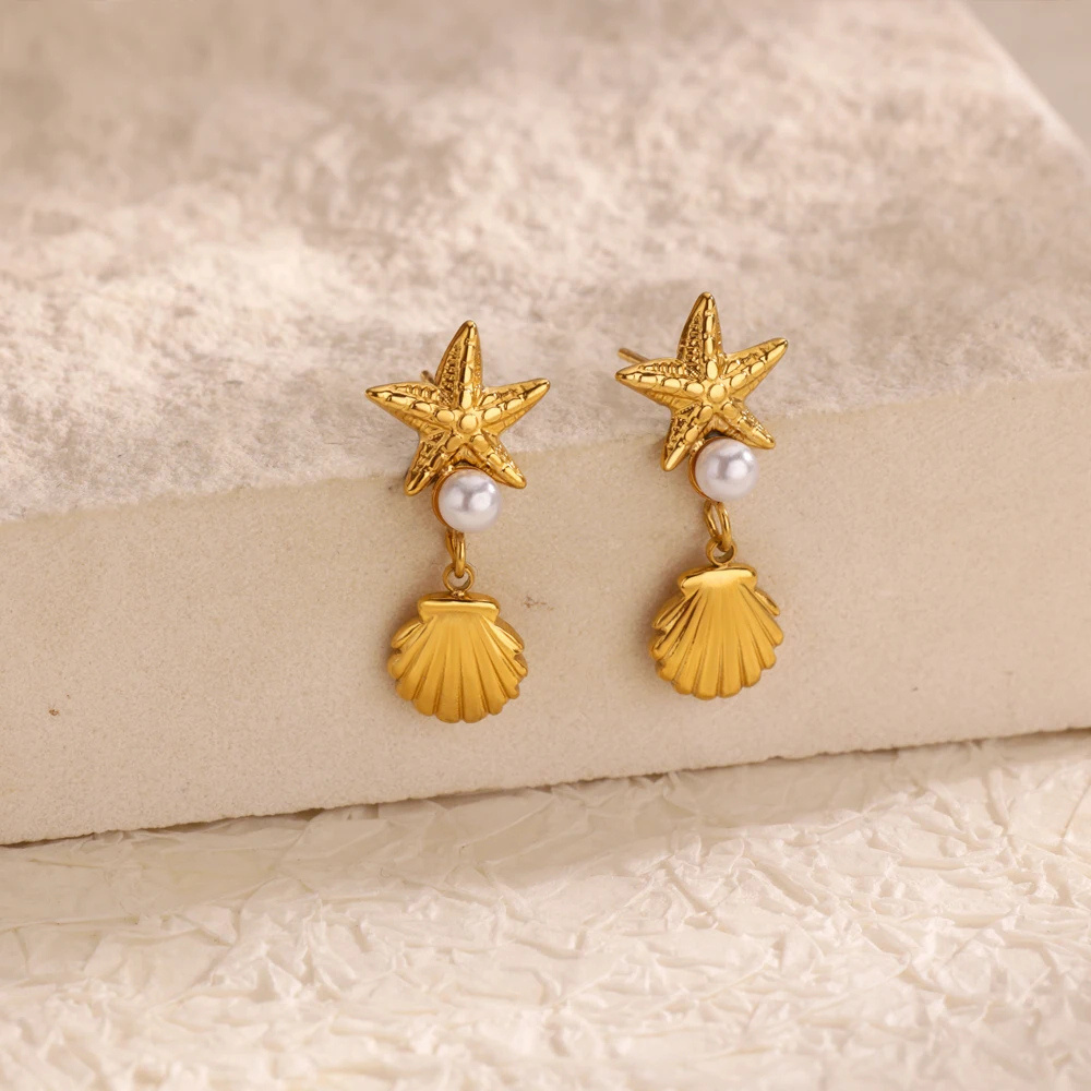 Boucles d'Oreilles Étoile de Mer Coquillage Perle