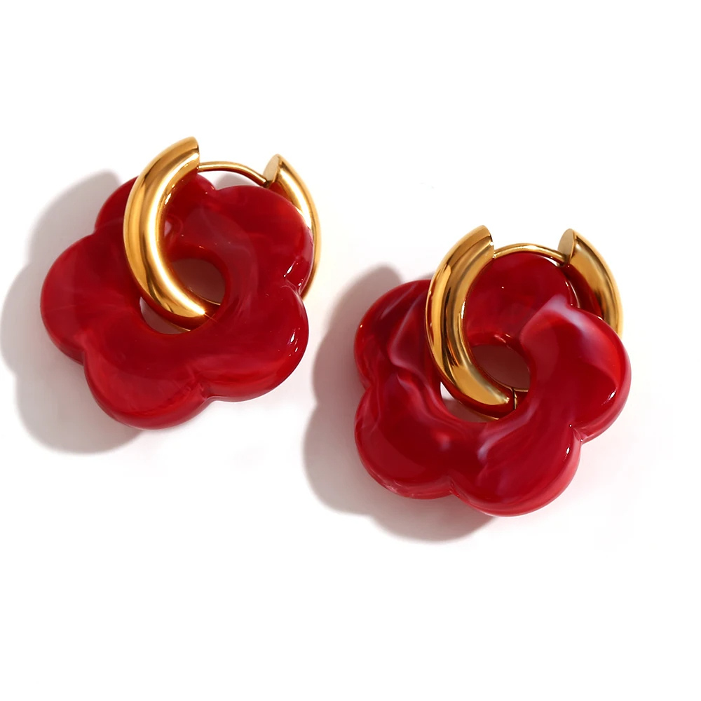 Boucles d'Oreilles Fleur Résine Rouge