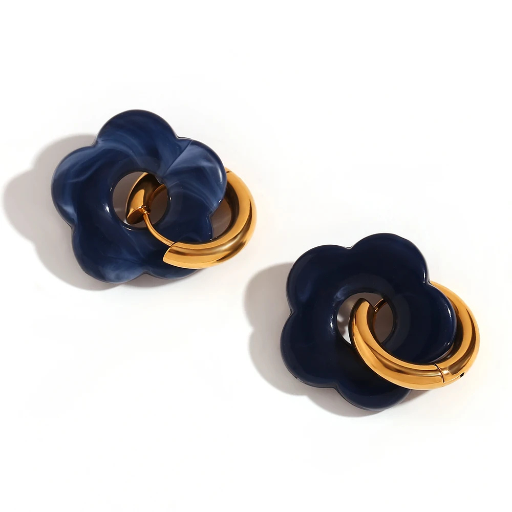 Boucles d'Oreilles Fleur Résine Bleu Marine