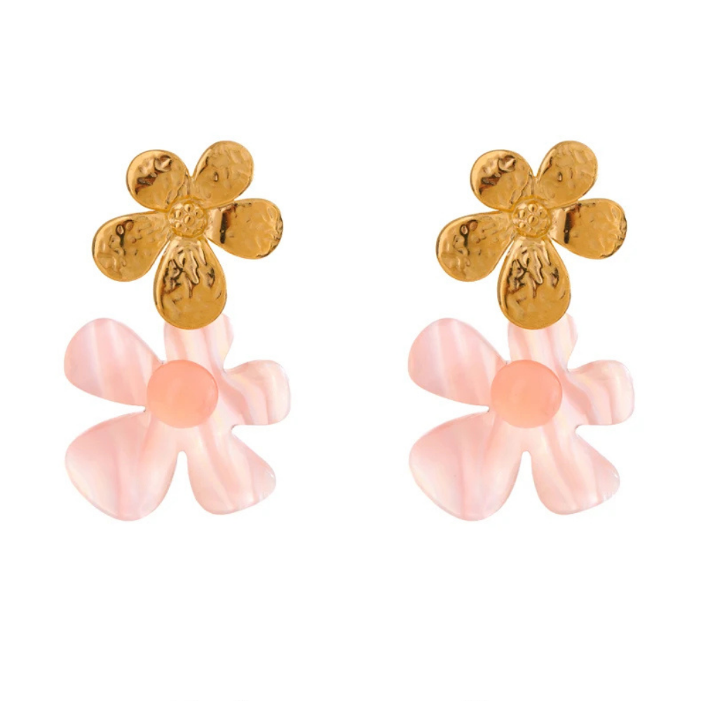 Boucles d'Oreilles Fleur Pendante Or et Rose