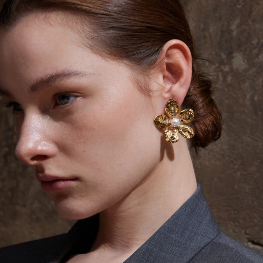 Boucles d'Oreilles Fleur Strass et Perle