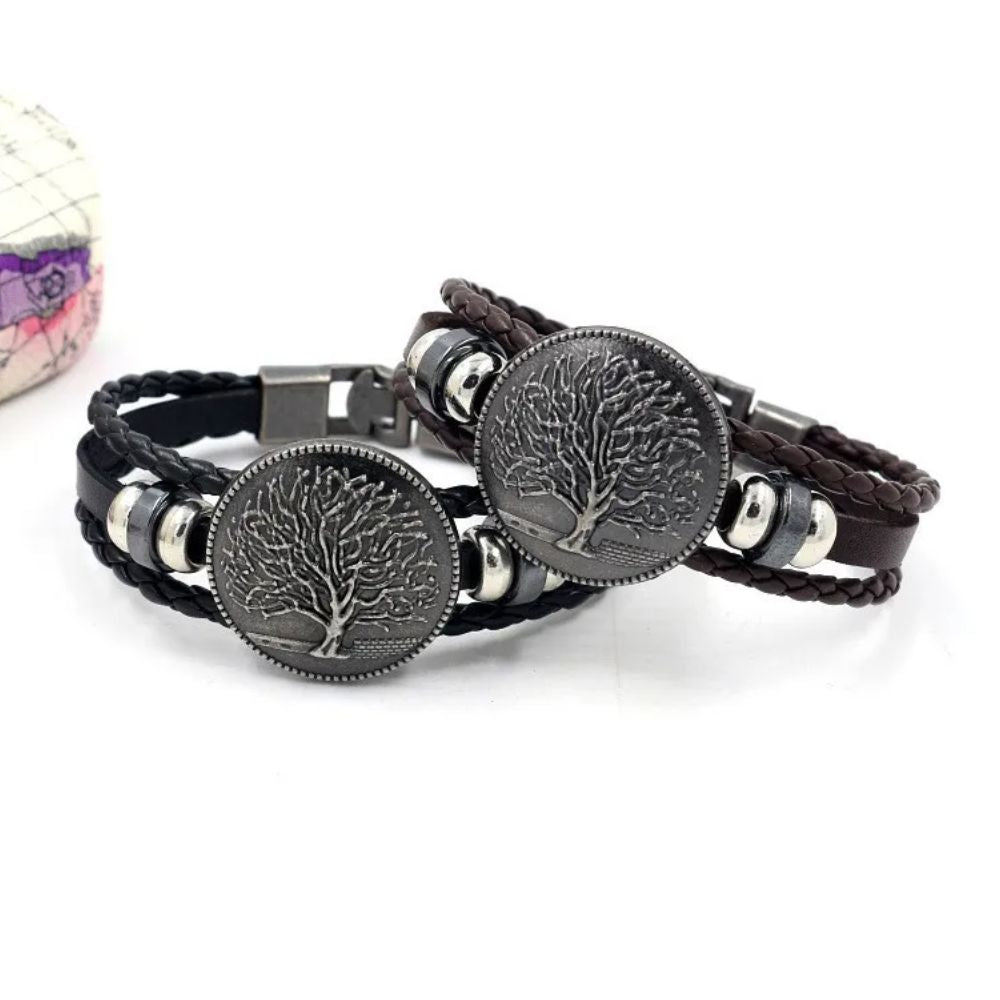 Bracelet Arbre de Vie Cuir Homme Acier Inoxydable