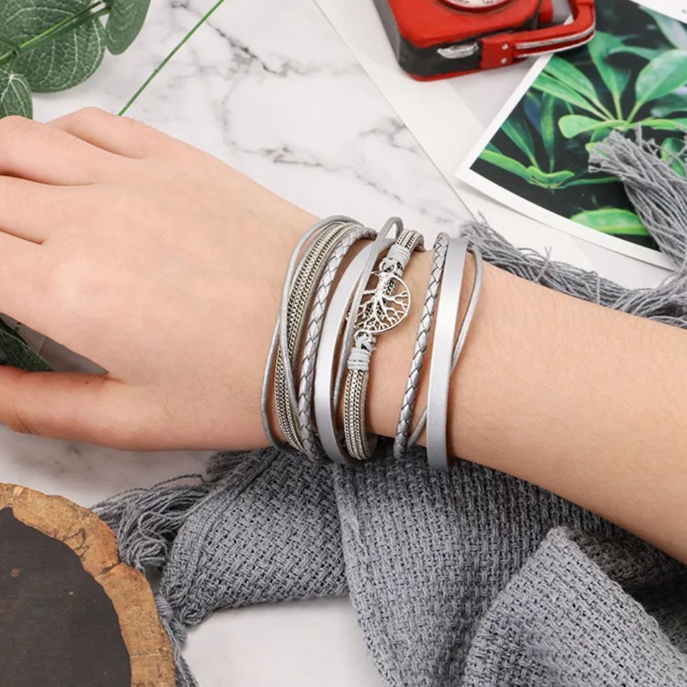Bracelet Arbre de Vie Cuir Gris