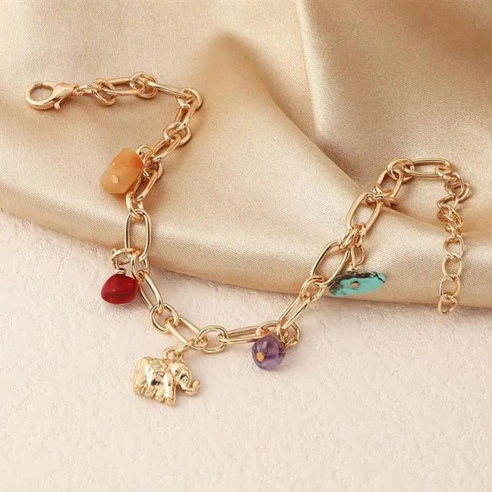 bracelet femme en acier inoxydable avec pierre de différentes couleurs et pendentif éléphant