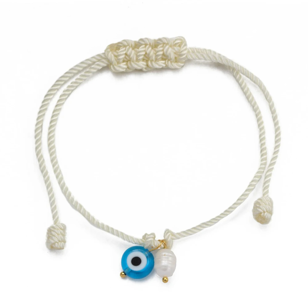 Bracelet Cordon Blanc Œil et Perle Naturelle