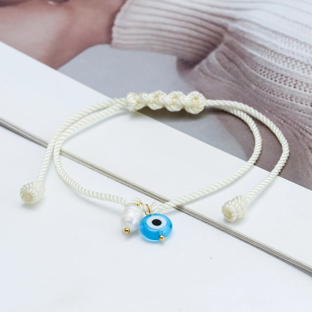 Bracelet Cordon Blanc Œil et Perle Naturelle