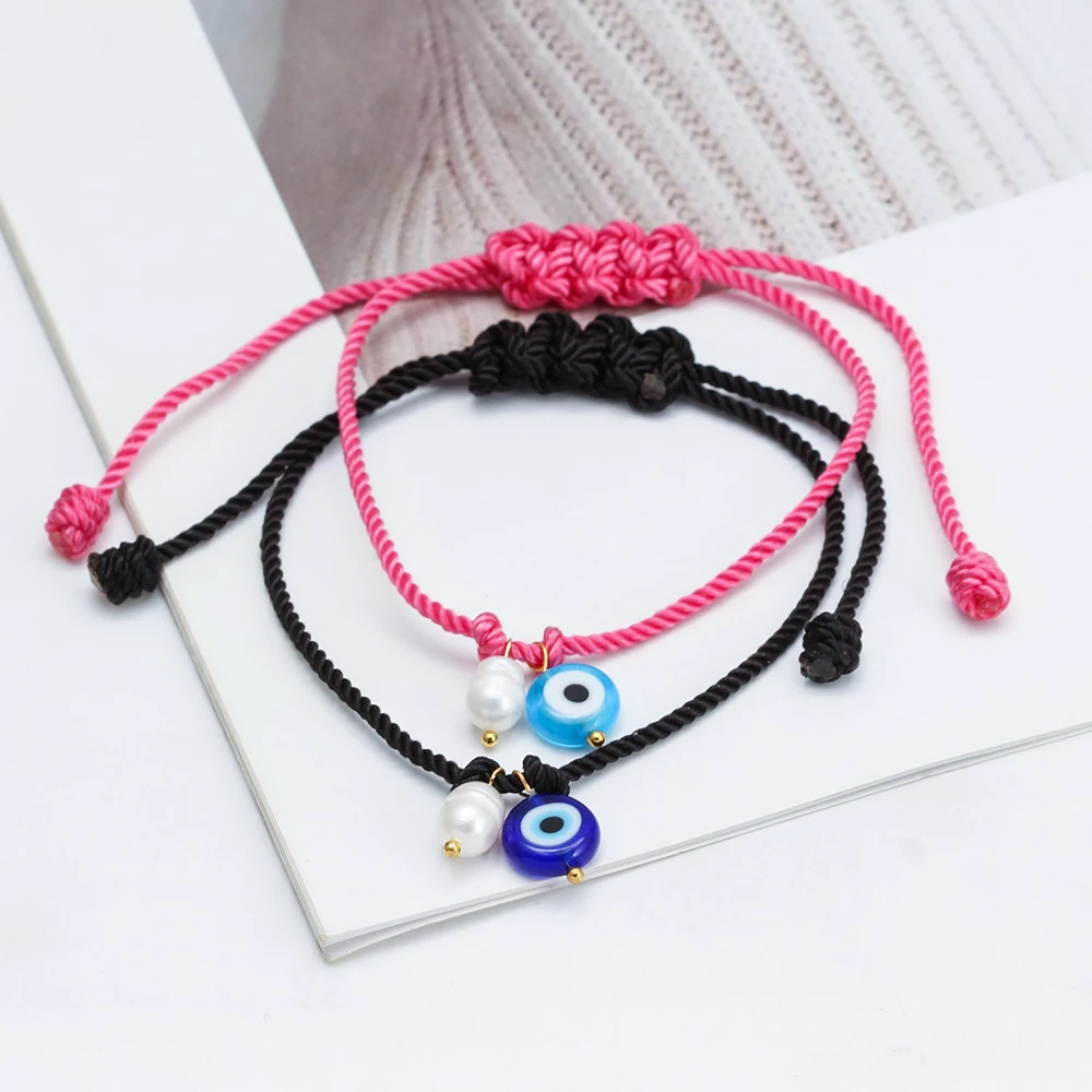 Bracelet Cordon Noir Œil et Perle Naturelle