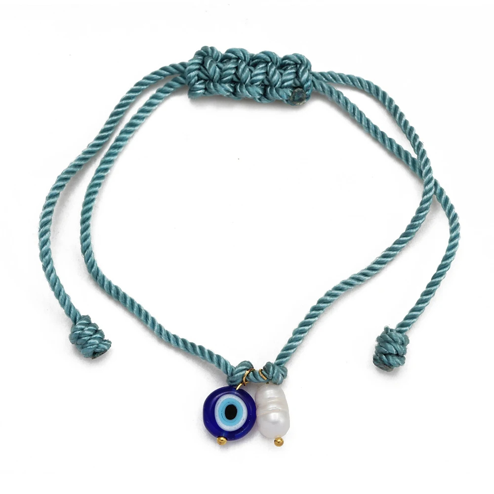 Bracelet Cordon Bleu Breloque Œil et Perle Naturelle