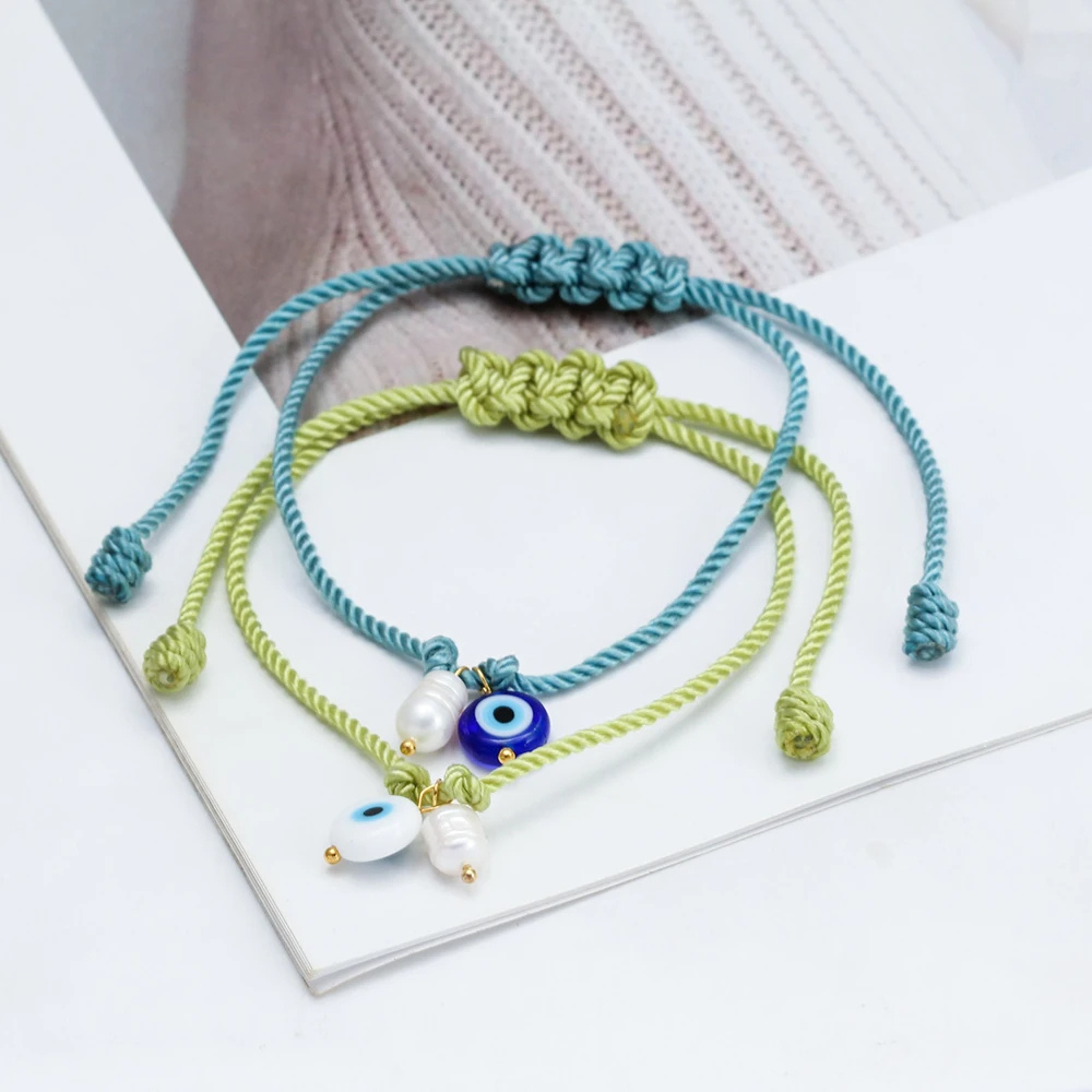 Bracelet Cordon Turquoise Breloque Œil et Perle Naturelle