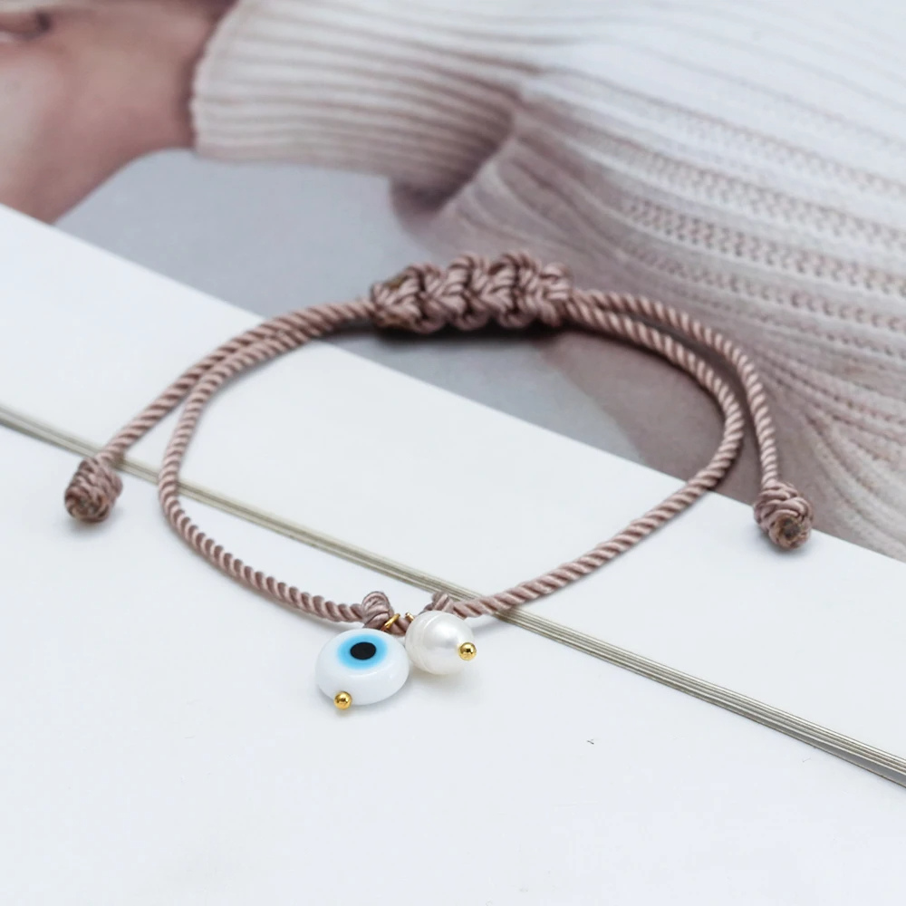Bracelet Cordon Marron Œil et Perle Naturelle