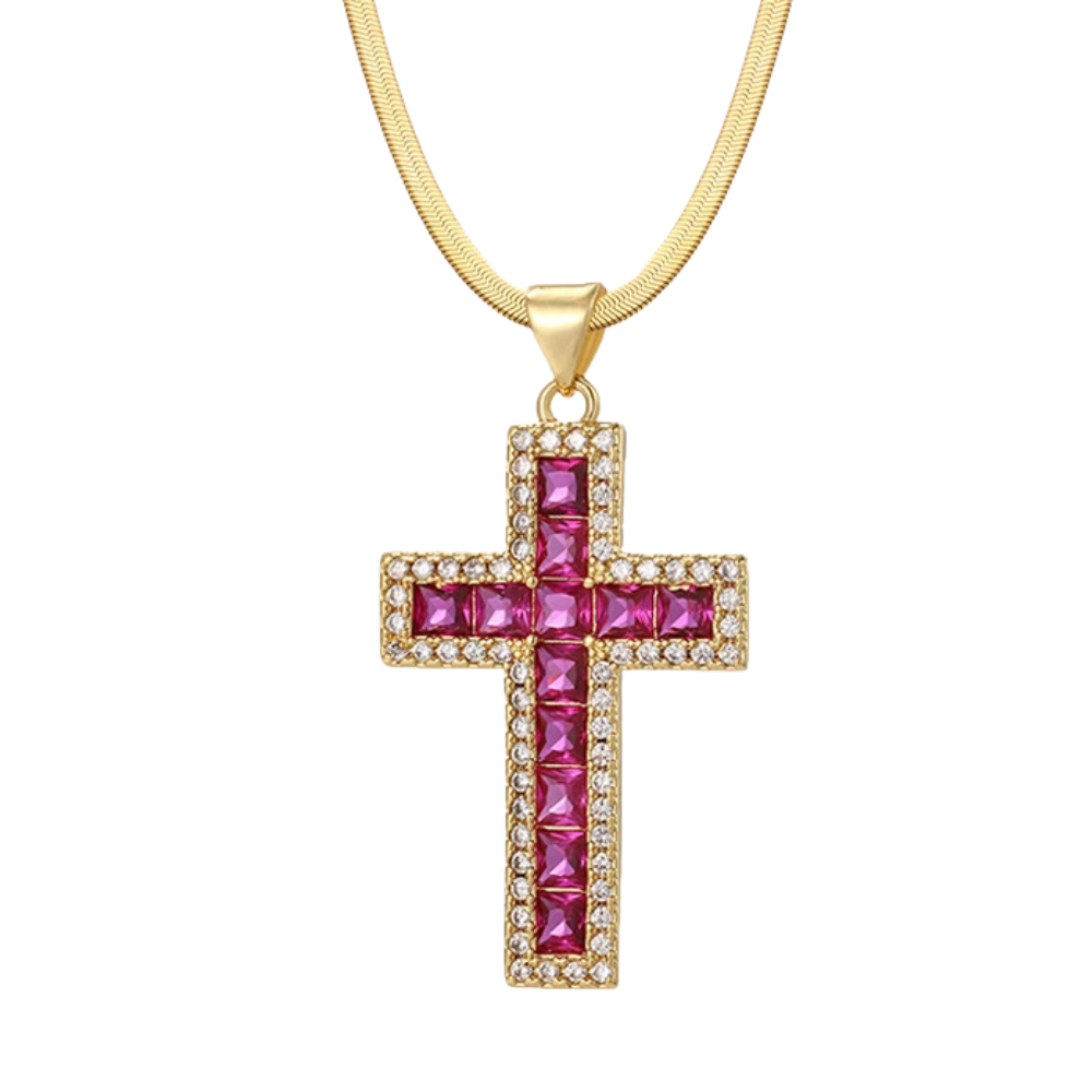 Collier Croix Rose Fuchsia