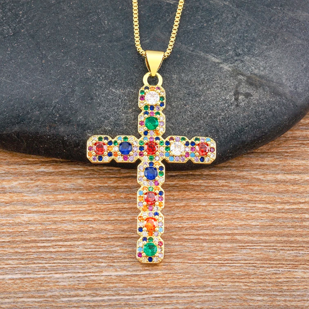 Collier Croix Diamant Multicolore