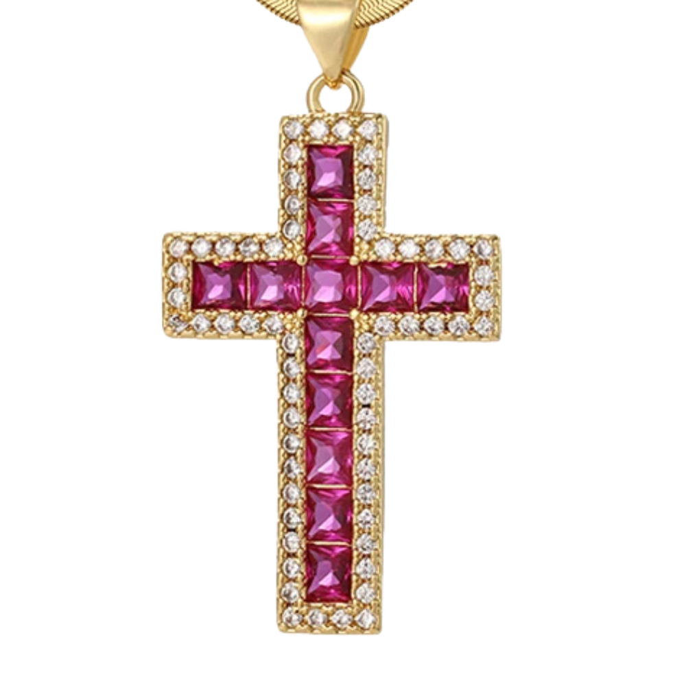 Collier Croix Rose Fuchsia