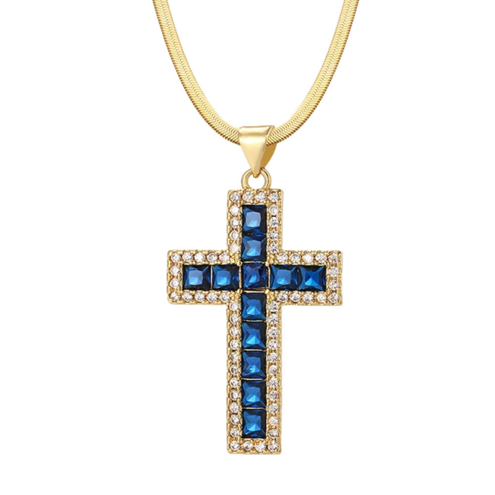 Collier Croix Pierre Bleu