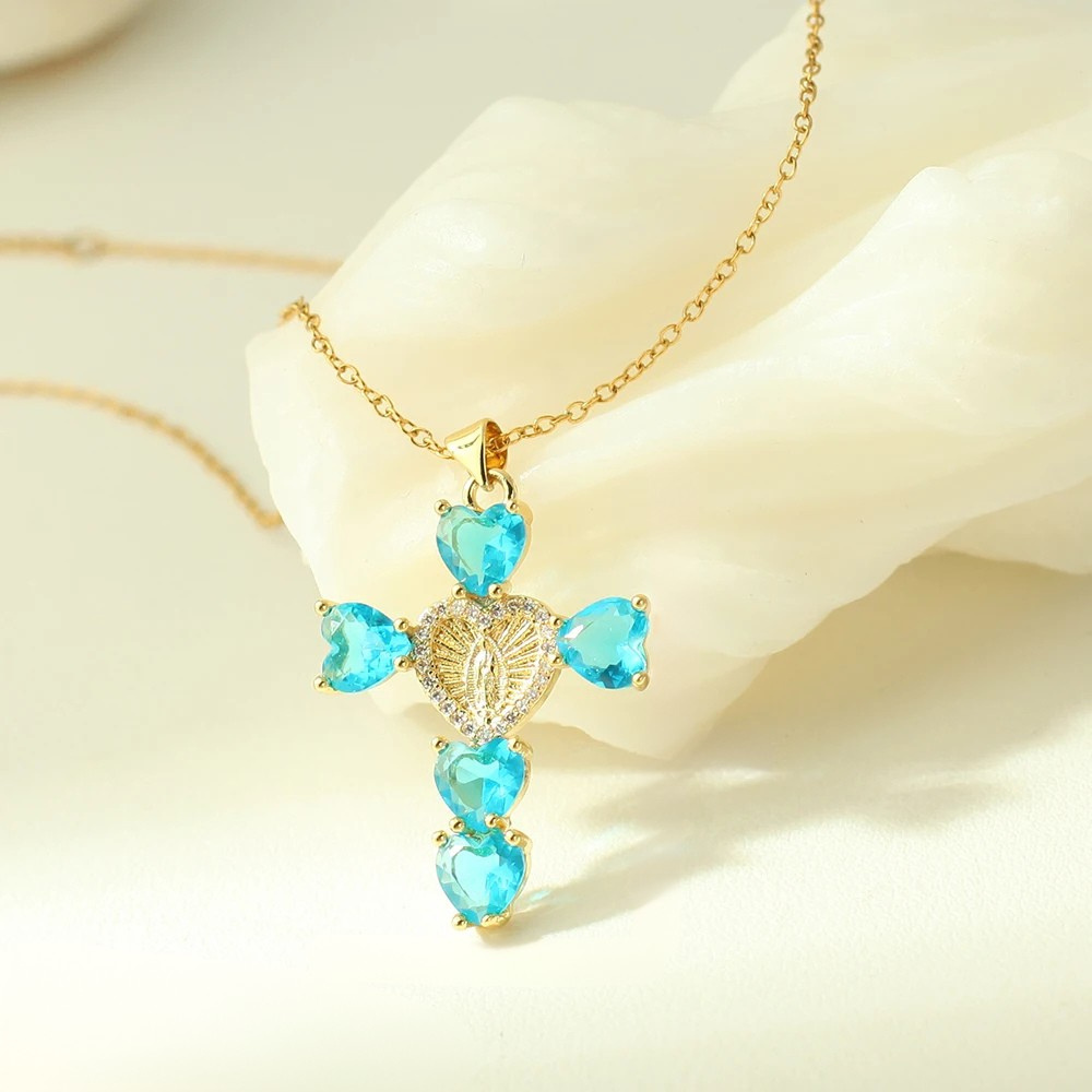 Collier Croix Cœur Turquoise