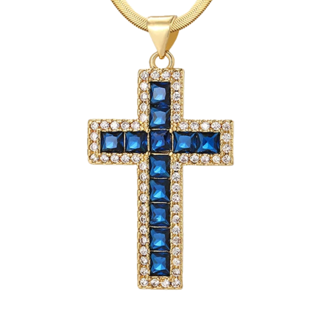 Collier Croix Pierre Bleu