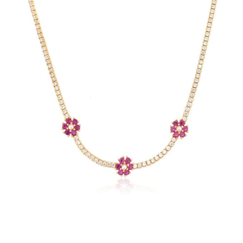 Collier Diamants avec Fleurs Rose