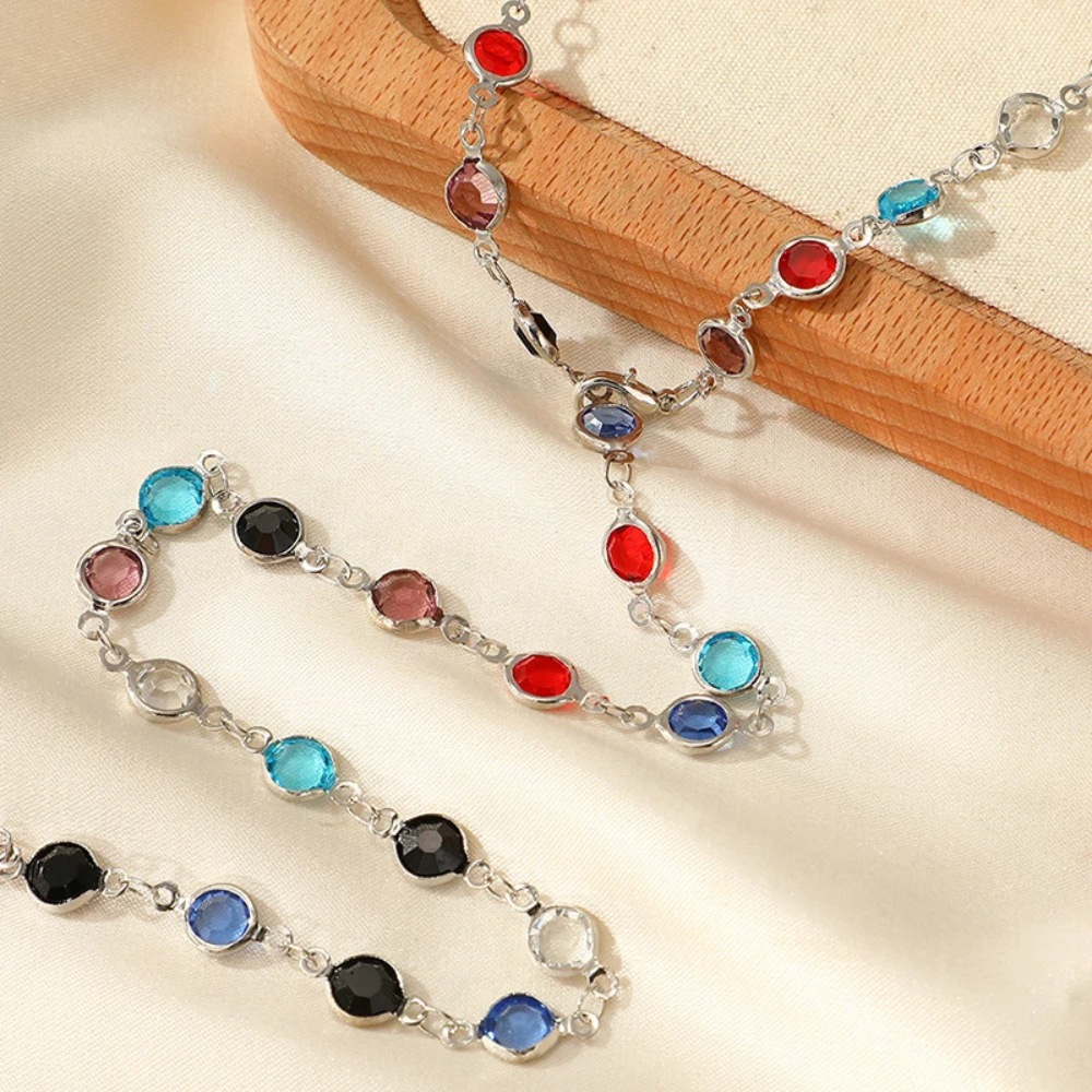 Collier en Y Argent Pierre Multicolore